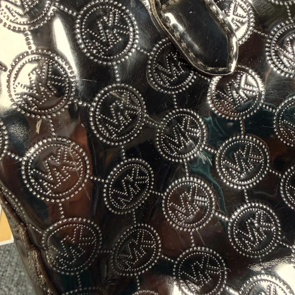 Michael Kors Grayson Satchel Bag Black Monogram Mirror Metallic Zipper Closure